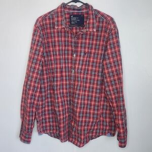 American Eagle Men's Red/Blue Long Sleeve Button Up Casual Shirt, Size XXL